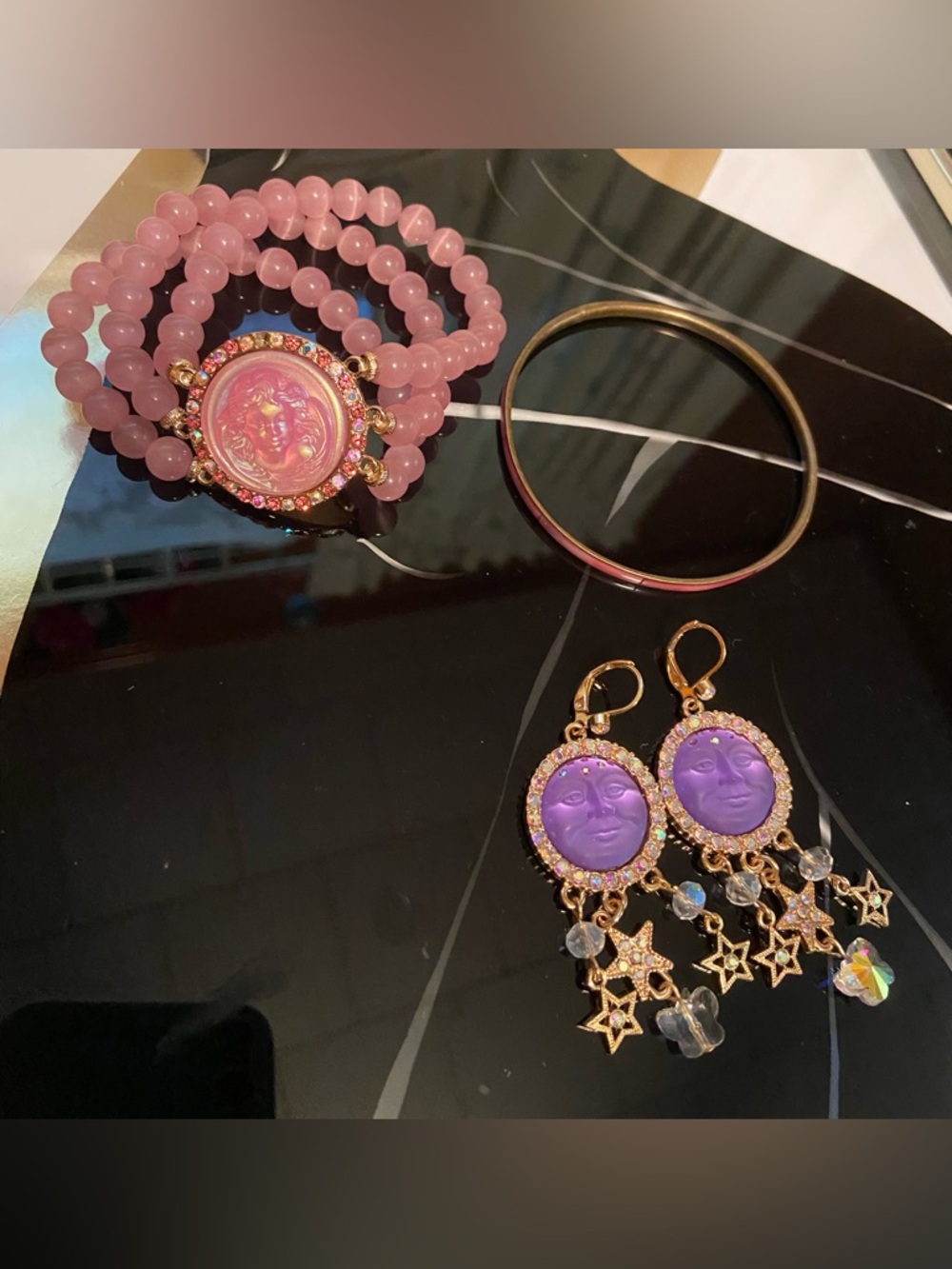Elegant Pink Kirks Folly Beaded Bracelet & Purple Moon Earrings & Bangle  #136
